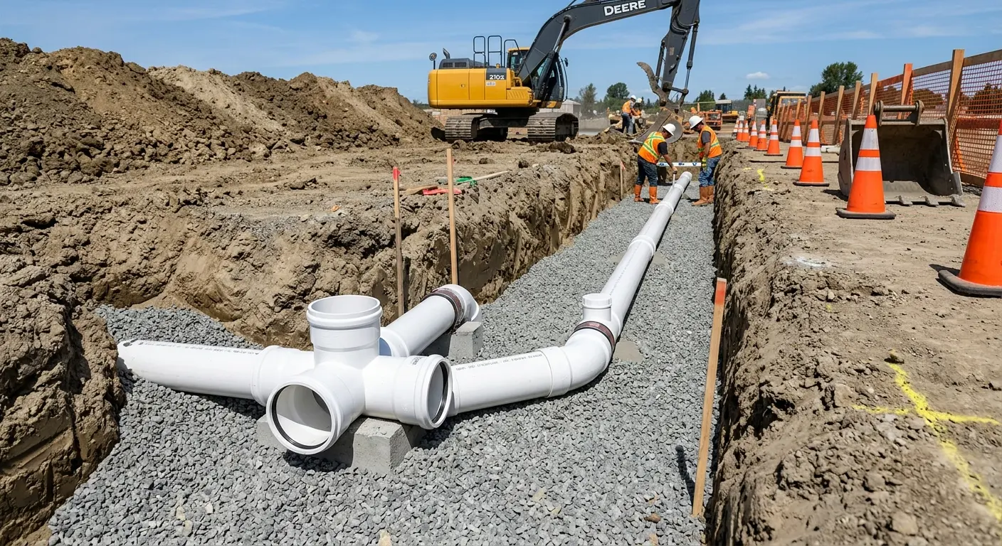 New PVC sewer pipe installation in open trench for Sewer Backup in Spotsylvania Courthouse