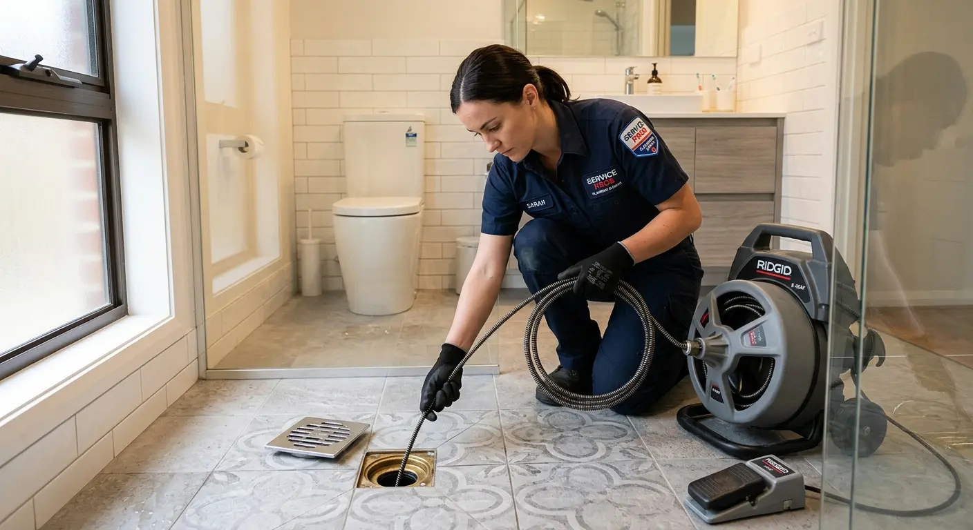 Technician clearing a bathroom floor drain for Drain Repair in Spotsylvania Courthouse